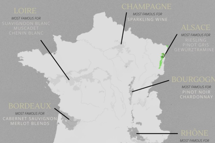 Map of France showing famous wine regions like Bordeaux, Bourgogne, and Champagne with noted wine varieties.