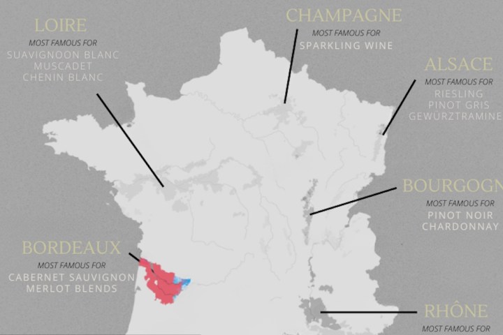 Map of France highlighting famous wine regions and their wines like Bordeaux and Champagne.