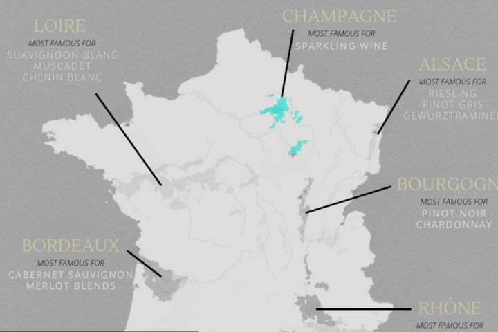 Map of France showing famous wine regions and their specialties, including Burgundy and Bordeaux.