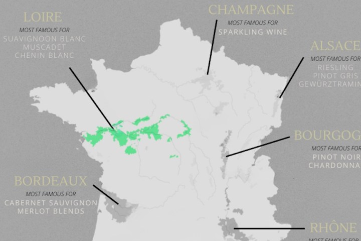 Map of France with wine regions: Loire, Bordeaux, Champagne, Alsace, Bourgogne, Rhône labeled and their famous wines.