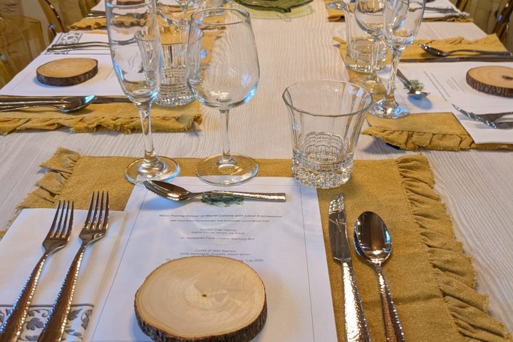 a table topped with plates and glasses of wine